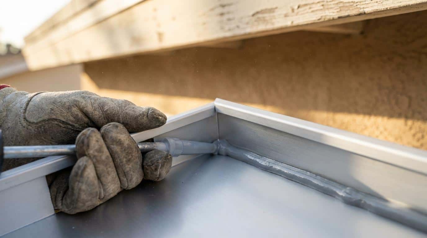 Primer plano de una mano enguantada asegurando una sección de canalón de aluminio a lo largo del borde de un tejado durante su instalación.