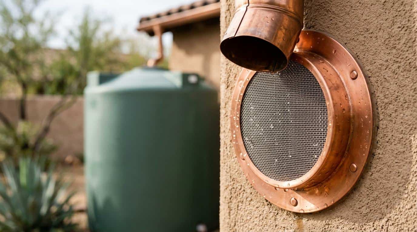 Bajante de canalón de cobre con cabezal colector con rejilla montado en una pared de estuco junto a un tanque de almacenamiento de agua de lluvia