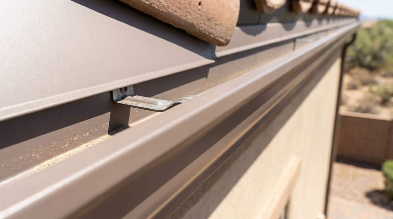 Detalle de un canalón de cobre con soporte de montaje instalado en el borde del tejado de una casa del sur de Arizona.