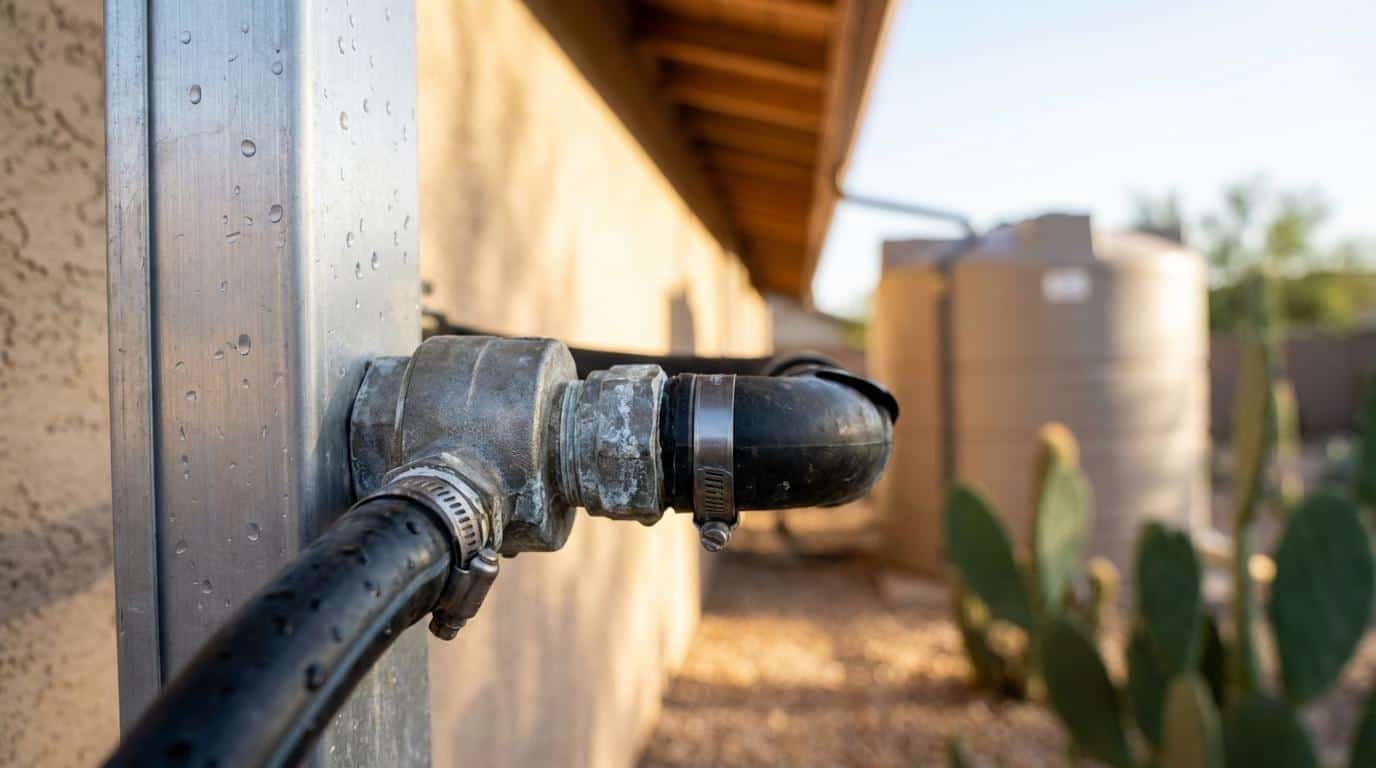 Codo de bajante de canalón vertiendo en un sistema de recogida de agua de lluvia en una propiedad del sur de Arizona