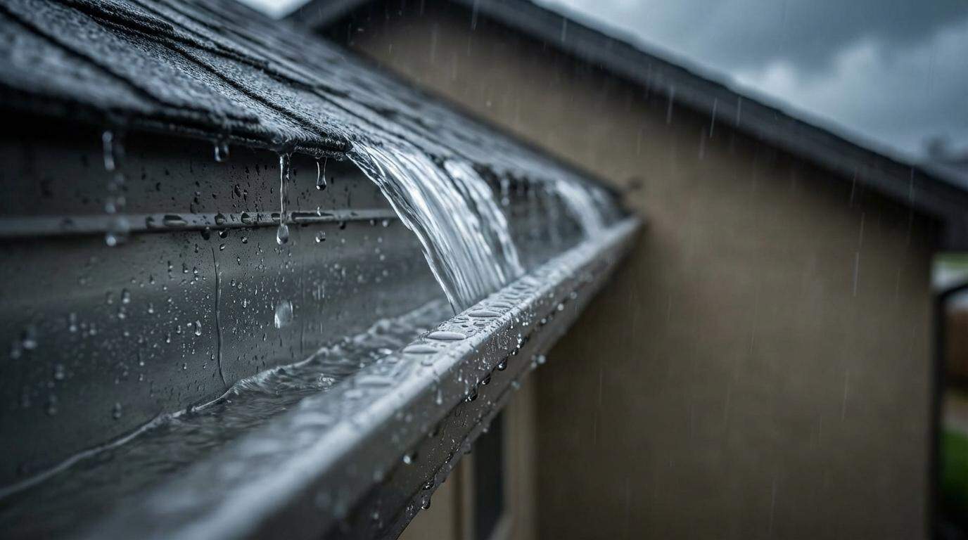 Lluvia torrencial desbordándose por el borde de un canalón, lo que demuestra por qué es importante elegir el tamaño de canalón adecuado.