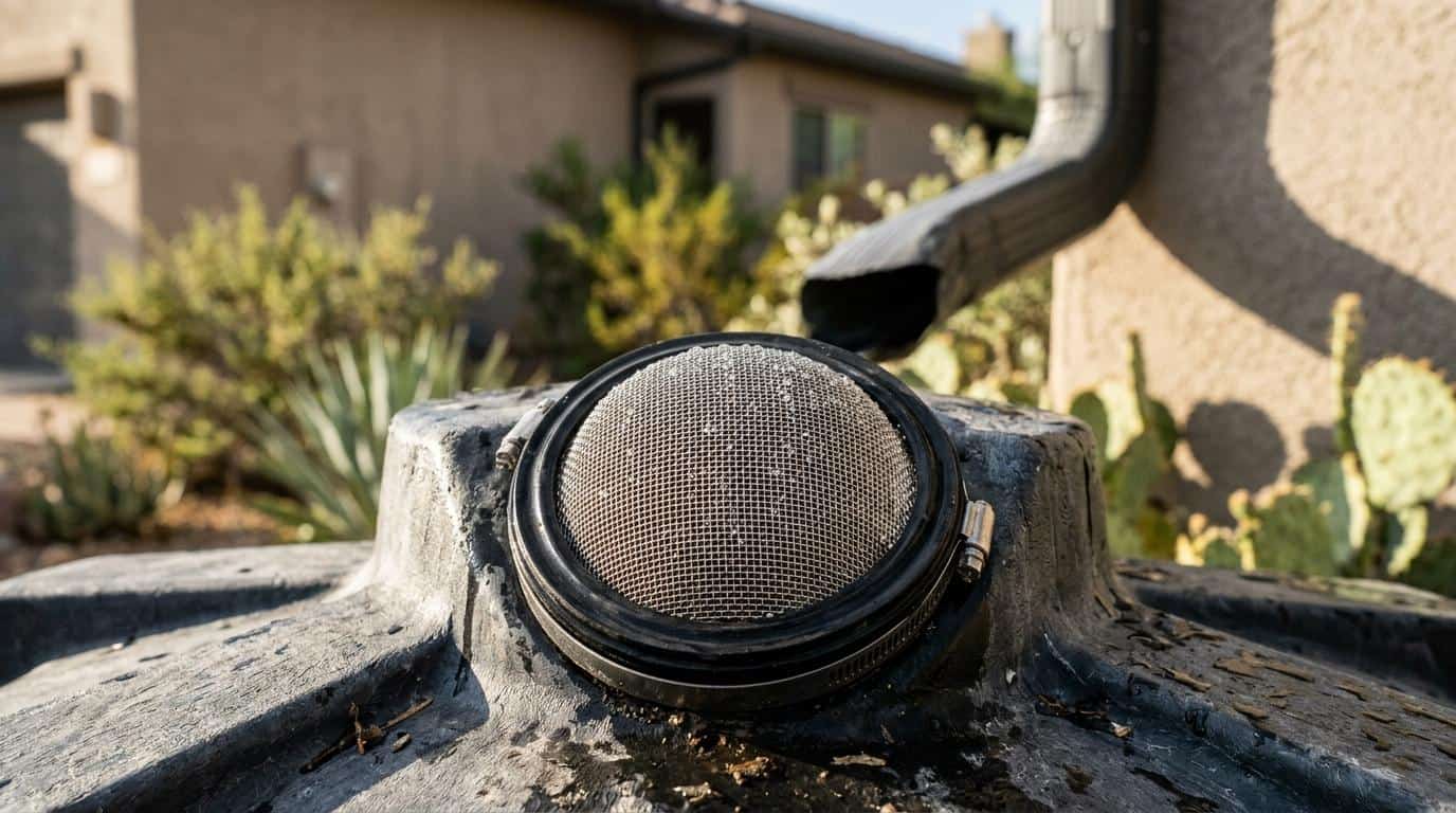 Screened inlet on top of a corrugated steel cistern used for above-ground water storage in Tucson