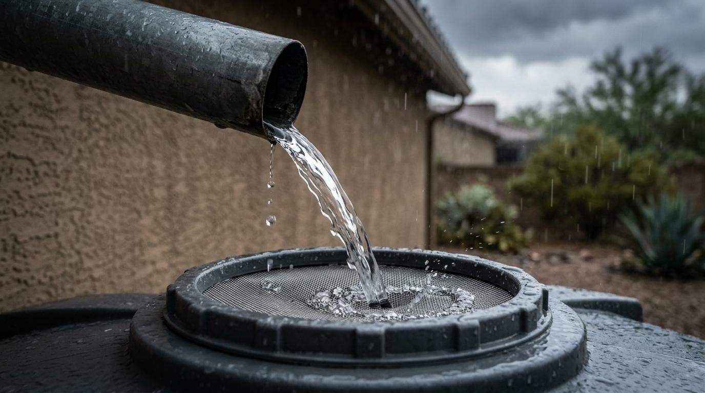 Lluvia cayendo de una bajante de canaleta a un tanque de recolección con pantalla durante una tormenta en Arizona